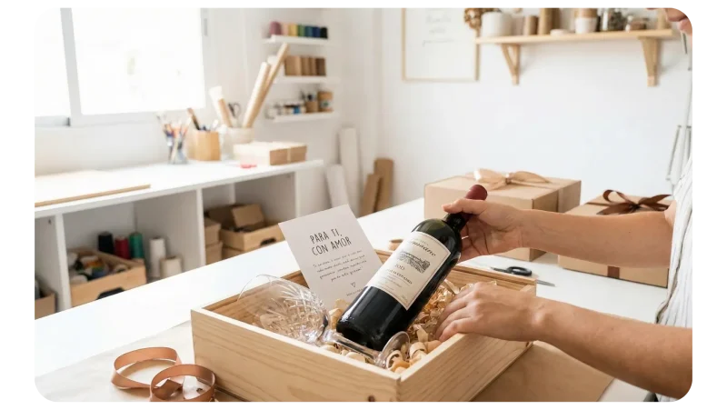 Mujer preparando una caja de regalo personalizada con vino y copa para entrega en Lima y Huancayo
