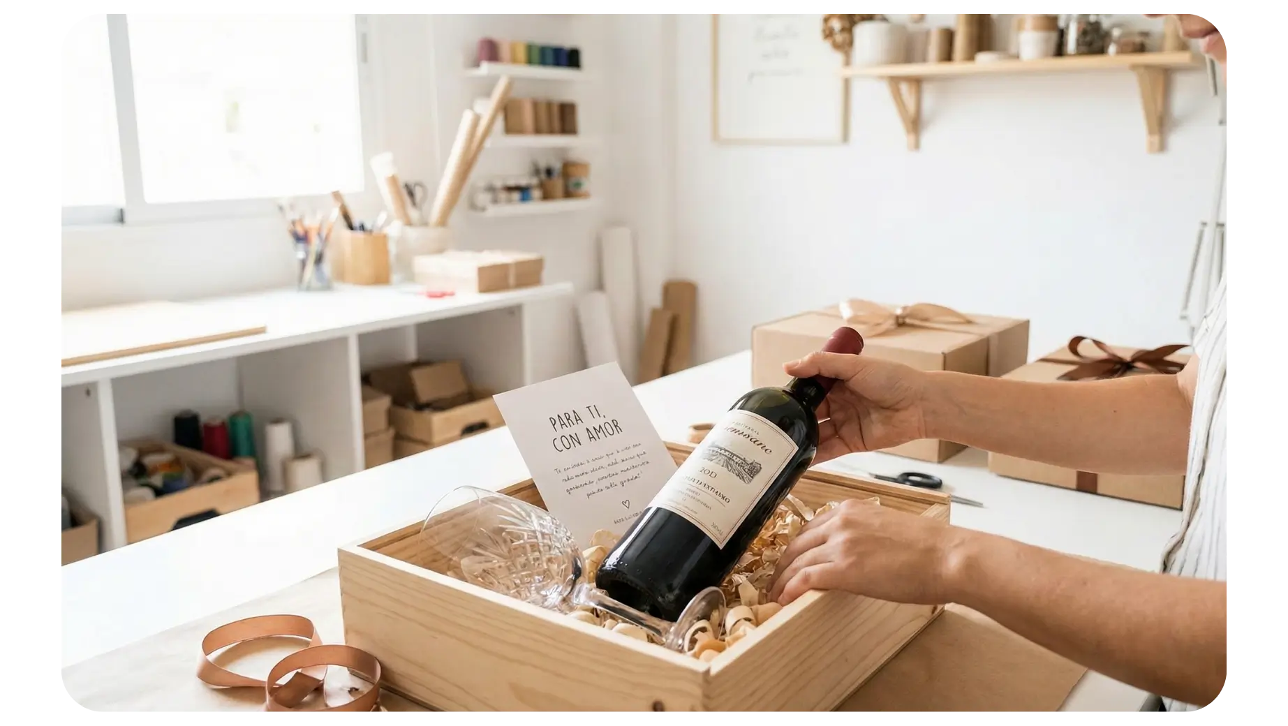 Mujer preparando una caja de regalo personalizada con vino y copa para entrega en Lima y Huancayo